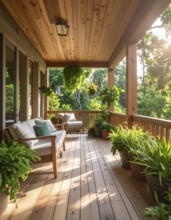 An eco-friendly porch designed for sustainable living in an environmentally-conscious home, lush
