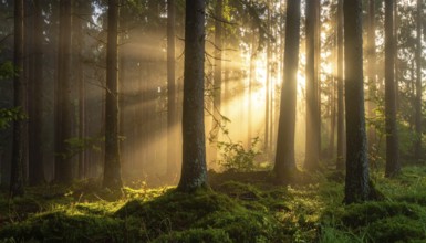 Sunlight streaming through a dense, misty forest, Fog covered forest in summer with mystic golden