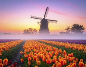 Fog covered landscape in sunrise with tulip fields and windmill in background, AI generated