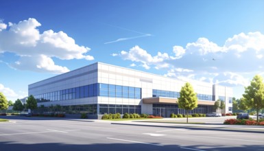 Modern supermarket building exterior against blue sky, Inviting white facade, some clouds, concept