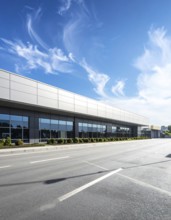 Modern supermarket building exterior against blue sky, Inviting white facade, some clouds, concept