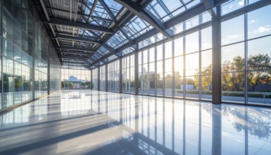 Modern architectural framework with glass and steel structure, glass facade with a greed of steel