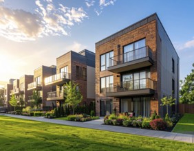 Modern apartment building with balconies and well-kept landscaping at sunset, Modern multifamily