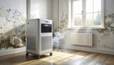 A specialized dehumidifier operates in a mold-infested room following water damage, Shell