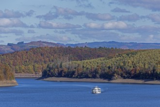 Excursion boat, Biggesee near Sondern, Olpe, Sauerland, North Rhine-Westphalia, Germany