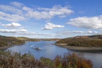 Excursion boat, Biggesee near Sondern, Olpe, Sauerland, North Rhine-Westphalia, Germany
