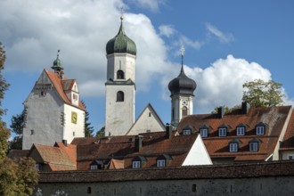 Church towers and water tower, Isny, Allgäu, Baden-Württemberg, Germany
