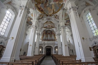 St. George and James Catholic Church, interior view, nave with ceiling frescoes and organ, Isny,