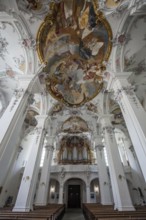 St. George and James Catholic Church, interior view, nave with ceiling frescoes and organ, Isny,