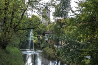 Oberer Grabenweiher, behind Diebsturm, Isny, Allgäu, Baden-Württemberg, Germany
