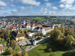 Aerial view of the city of Messkirch with Messkirch Castle and Castle of the Counts of Zimmern,