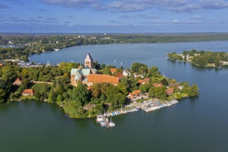 Aerial view over Ratzeburger Dom, late Brick Romanesque cathedral in the town Ratzeburg and the