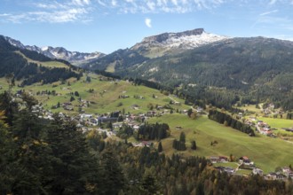 View of Hirschegg and the Kleinwalsertal valley, in the back of Hoher Ifen, Allgäu Alps,
