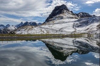Kanzelwand is reflected in the reservoir, Kanzelwand snow-making pond, mountains of the Allgäu Alps