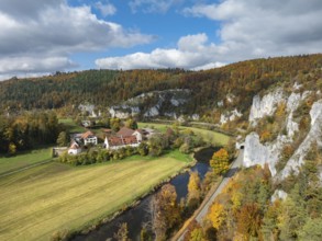Aerial view of Käppeler Manor with St. George's Basilica near Thiergarten in the Upper Danube
