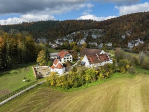 Aerial view of Käppeler Manor with St. George's Basilica near Thiergarten in the Upper Danube