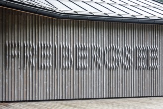 Wooden slats on a building on Freibergsee, Oberstdorf, Oberallgäu, Allgäu, Bavaria, Germany