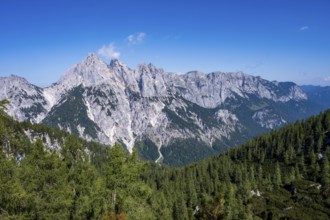 View of the peaks and plateaus of the Reither Alm in the Berchtesgaden National Park, with