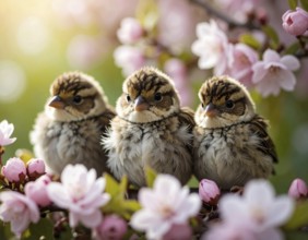 Small funny Sparrow Chicks sit in the garden surrounded by pink Apple blossoms on a Sunny may day,