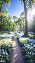 A tranquil forest path lined with white flowers, surrounded by tall trees and bathed in soft