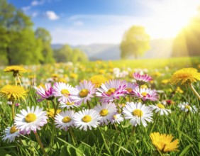 A sunny meadow with daisies in full bloom under bright sunlight, creating a vibrant and cheerful