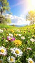 A sunny meadow with daisies in full bloom under bright sunlight, creating a vibrant and cheerful