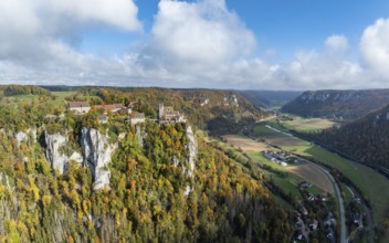 Aerial view, panorama of Werenwag castle and former castle on a rocky spur in the upper Danube