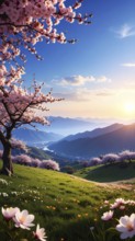 Landscape with a blooming apricot tree, idilyc spring nature, green grass and mountains in