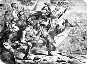 Gideon raids the Midianites camp, night, burning torches, warriors, weapons, noise, trumpet,