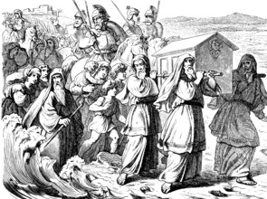 Twelve men carry the Ark of the Covenant through the Jordan Twelve stones, dry riverbed, water