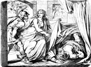 Jael kills Sissera with hammer and nail and shows him to the warrior Barak, room, slain, curtain,