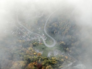 Aerial view of the viewpoint, shovels and Hausen Castle, also known as the Hausen ruins, surrounded
