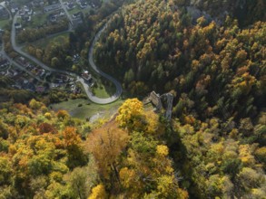 Aerial view of the viewpoint, shovels and Hausen Castle, also known as the Hausen ruins, surrounded