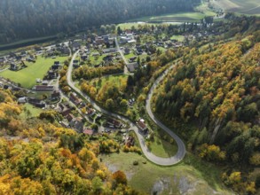 Aerial view of the viewpoint, shovels and Hausen Castle, also known as the Hausen ruins, surrounded