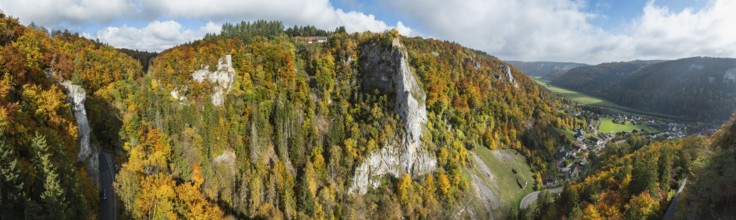 Aerial view, panorama from the viewpoint, shovels and Hausen Castle, also known as the Hausen