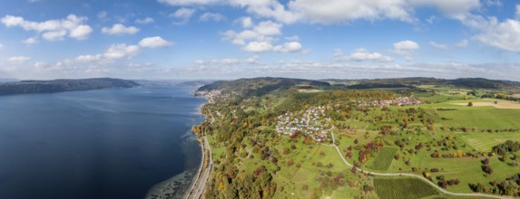 Aerial view, panorama of Lake Constance, Überlinger See, surrounded by autumn vegetation with the