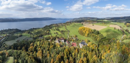 Aerial view, panorama of Lake Constance, Überlinger See, surrounded by autumn vegetation with