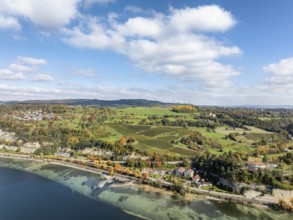 Aerial view of Lake Constance with the village of Hödingen, above Überlingen, surrounded by autumn