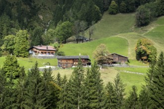 View of historic mountain farming village Gerstruben, Oberstdorf, Allgäu Alps, Oberallgäu, Allgäu,