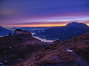 Watzmannhaus at dawn, fog in the valley, right Hoher Göll, Berchtesgaden National Park, Schönau am