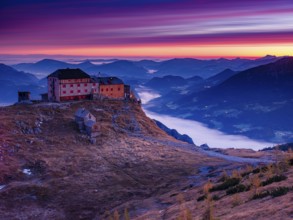 Watzmannhaus at dawn, fog in the valley, Berchtesgaden National Park, Schönau am Königssee,