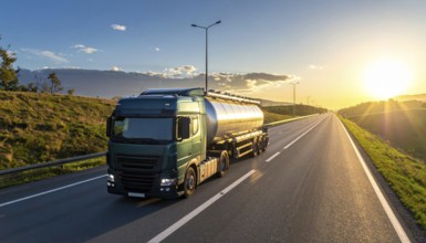 Petrol cargo truck lorry tanker driving on highway hauling oil products at sunrise, wide hilly
