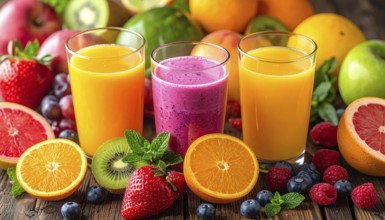 Fresh fruit juices in glasses, surrounded by colorful fruits, showcasing healthy drinking and