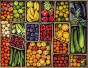 Fresh fruits and vegetables in a market display, aerial view perpendicular top down, healthy eating