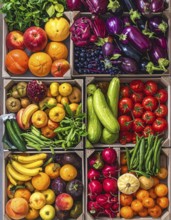 Fresh fruits and vegetables in a market display, aerial view perpendicular top down, healthy eating