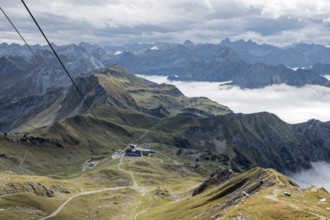 View from Nebelhorn summit to Höfatsblick Nebelhornbahn station and mountains of the Allgäu Alps,