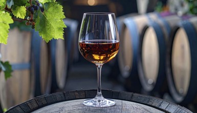 A glass of 10-year-old tawny wine placed on a barrel in a vineyard restaurant, vineyard landscape