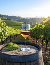 A glass of 10-year-old tawny wine placed on a barrel in a vineyard restaurant, vineyard landscape