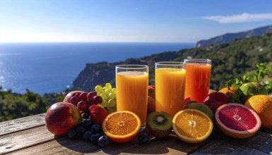 Fresh fruit juices in glasses, surrounded by colorful fruits, showcasing healthy drinking and