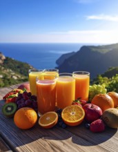 Fresh fruit juices in glasses, surrounded by colorful fruits, showcasing healthy drinking and